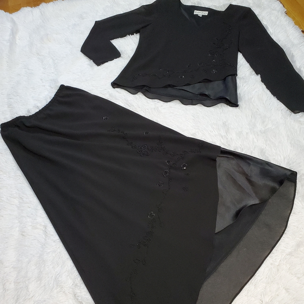 BLACK SHEER & SATIN BEADED MAXI SKIRT & TOP SET! - Picture 11 of 14